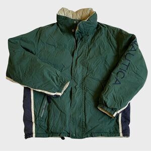 VTG Nautica Reversible Down Puffer Jacket Men's Sz L Full Zip Green Hooded *Flaw